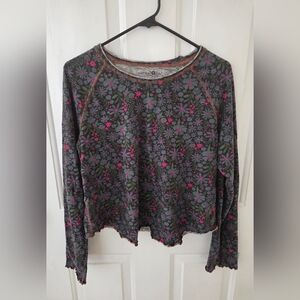 NATURAL LIFE Charcoal Floral Long Sleeve Tee with Pink Accents